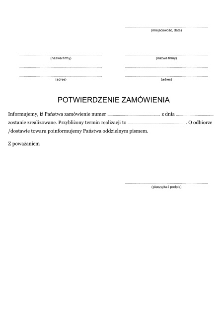Potwierdzenie Zam wienia Wzory Pism