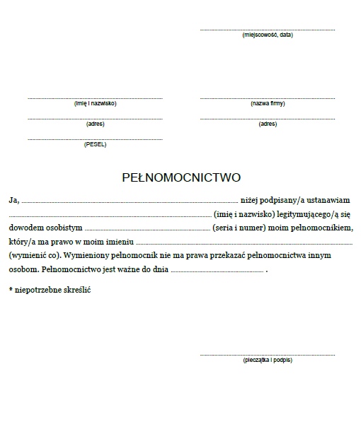 Wz r Upowa nienia Og lnego Pe nomocnictwo Procesowe Og lne I 